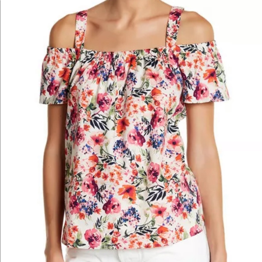 Bobeau Floral Poplin Off Shoulder Top Medium